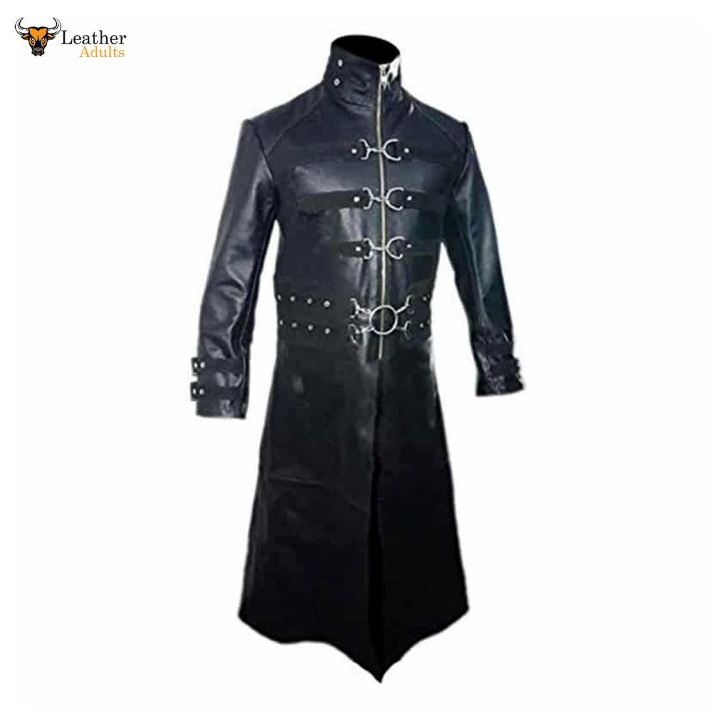 Mens Real Black Leather Goth Matrix Trench Coat Steampunk