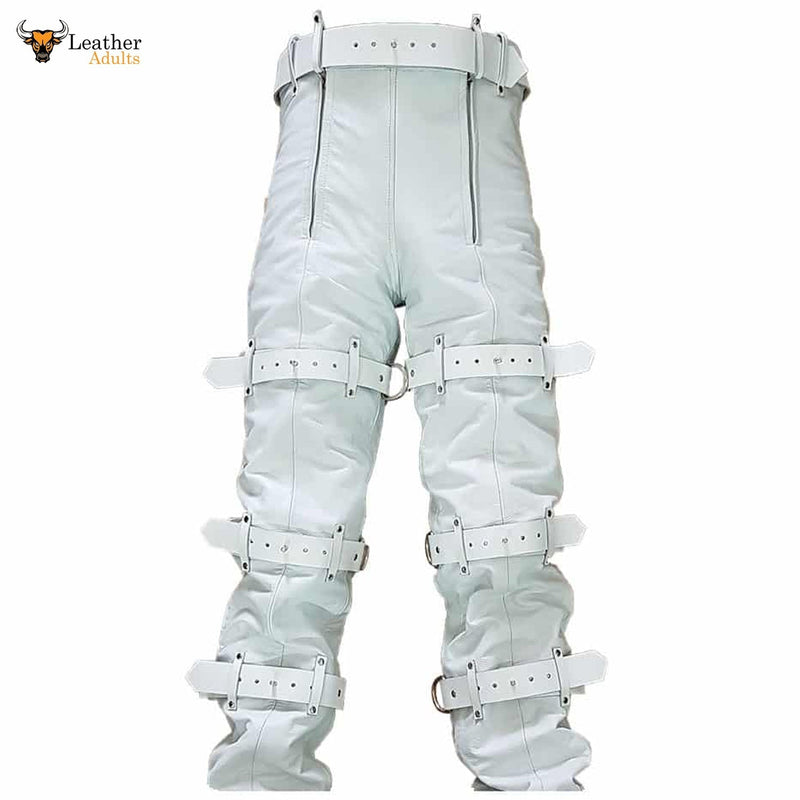 Men Real White Leather Locking Bondage Jeans with Rear Zip