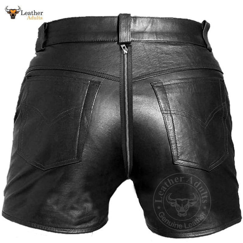 Mens Black Real Leather Chastity Bondage Shorts Rear Zip Gay Shorts