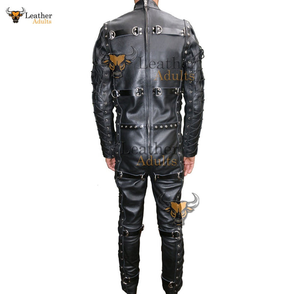 Mens Bondage jump suit cell suit Black Leather Heavy Duty Restriction Catsuit BDSM