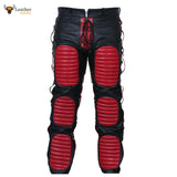 Mens Black Real Cowhide Leather Heavy Duty Bondage Jeans Trousers With Red Contrast