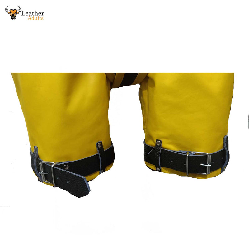 Cow Leather Yellow and Black Contrast Bondage Suspension Suit Latigo Leather Belts Welded D Rings Bespoke