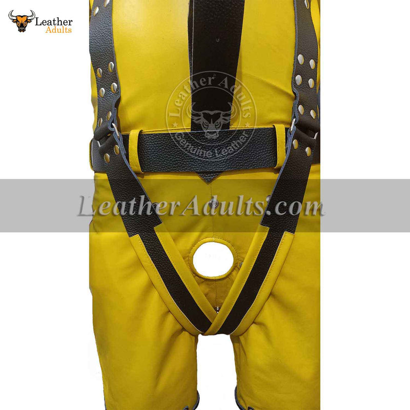 Cow Leather Yellow and Black Contrast Bondage Suspension Suit Latigo Leather Belts Welded D Rings Bespoke