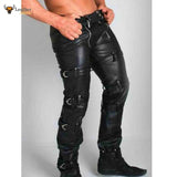 Mens Bondage Genuine Leather Skinny Chastity Pants Club Trousers Bondage Jeans WITH REAR ZIP