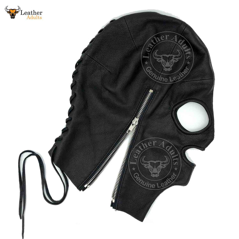 INCOGNITO Black Leather Lace Up Mask Hood BDSM Mask Unisex