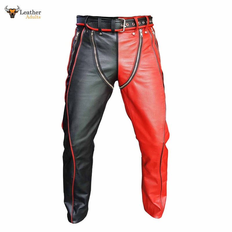 Mens Black and Red Leather Heavy Duty Bondage Pants New Style Jeans BLUF