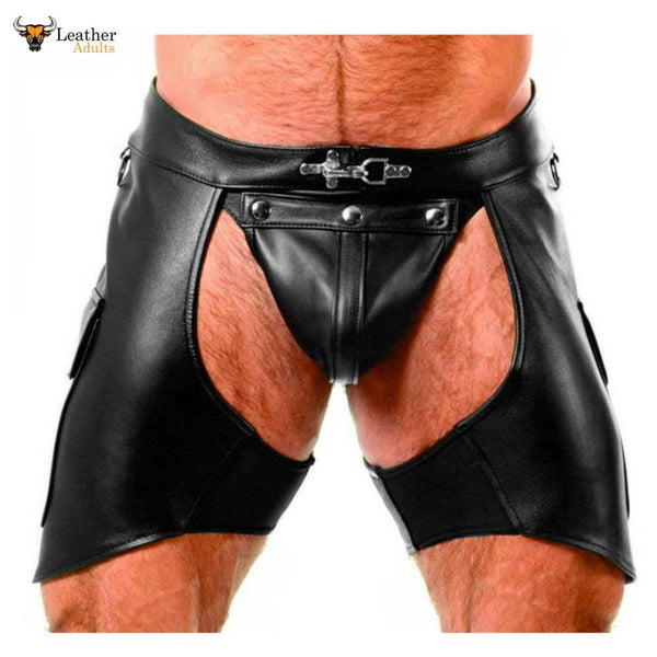 Men's Real Leather Chaps Shorts Cargo Pockets Bikers Chaps With Jockstrap