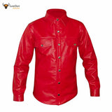 Men's Red Genuine Leather Shirt Police Uniform Style Long Sleeves Shirt