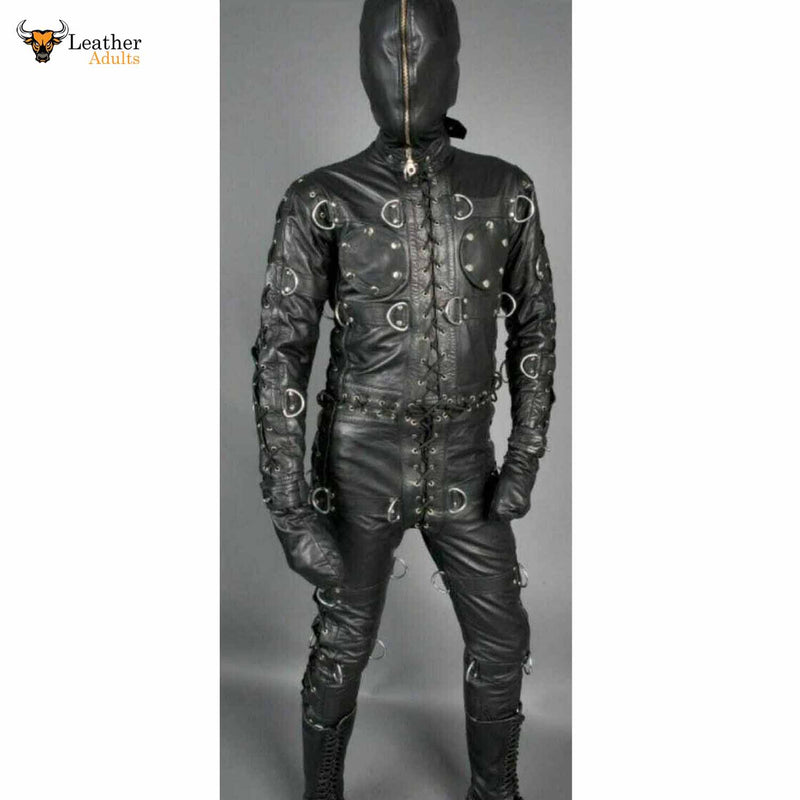 Mens Bondage jump suit cell suit Black Cow Leather Heavy Duty Restriction Catsuit BDSM