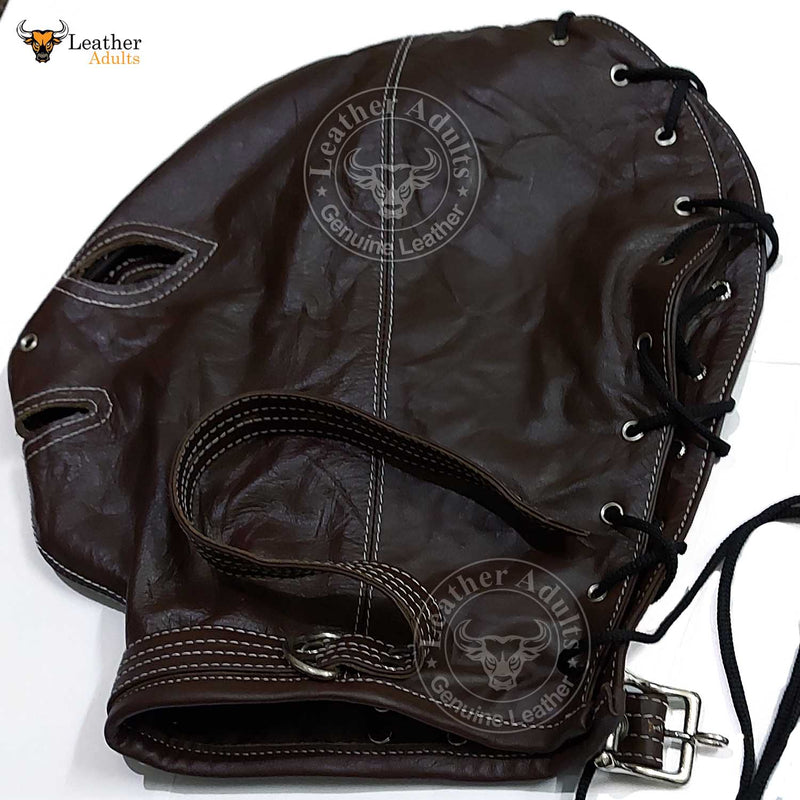 Real Brown Leather Bondage Lockable Hood Mask Hand Constructed Gimp mask Leather Back Lace Up Mask Hood BDSM Mask Unisex