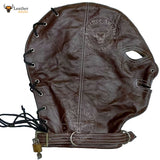 Real Brown Leather Bondage Lockable Hood Mask Hand Constructed Gimp mask Leather Back Lace Up Mask Hood BDSM Mask Unisex