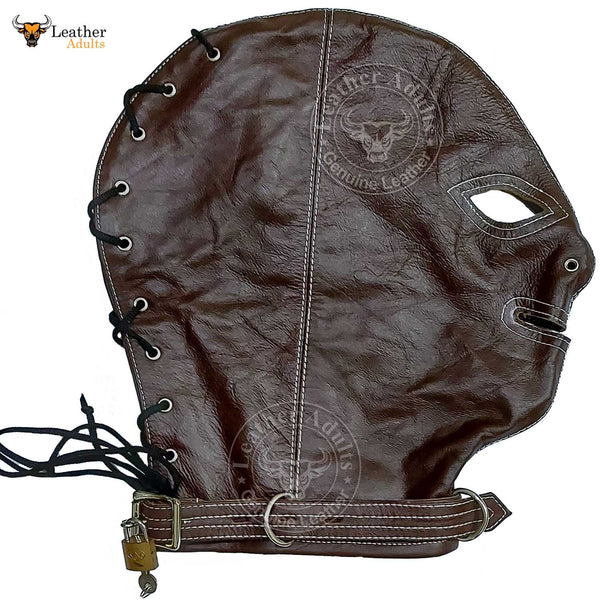 Real Brown Leather Bondage Lockable Hood Mask Hand Constructed Gimp mask Leather Back Lace Up Mask Hood BDSM Mask Unisex