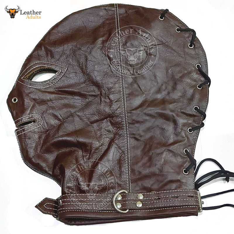 Real Brown Leather Bondage Lockable Hood Mask Hand Constructed Gimp mask Leather Back Lace Up Mask Hood BDSM Mask Unisex