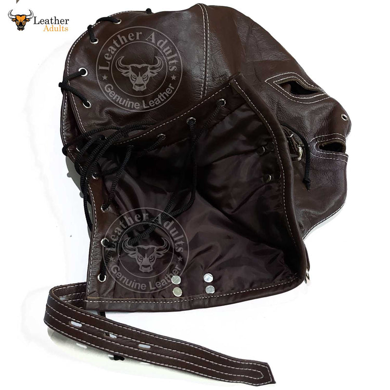 Real Brown Leather Bondage Lockable Hood Mask Hand Constructed Gimp mask Leather Back Lace Up Mask Hood BDSM Mask Unisex