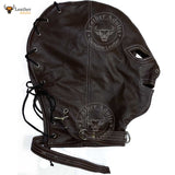 Real Brown Leather Bondage Lockable Hood Mask Hand Constructed Gimp mask Leather Back Lace Up Mask Hood BDSM Mask Unisex