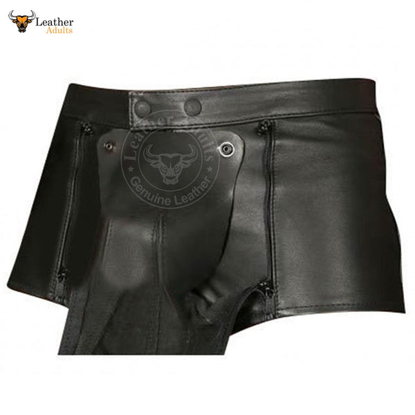 Mens Black Real Cowhide Leather Chastity Shorts Double Zips Shorts