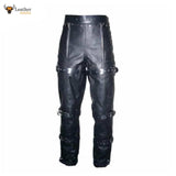 Mens Black Cowhide Leather Locking Bondage Chastity Jeans With Rear Zip CJ