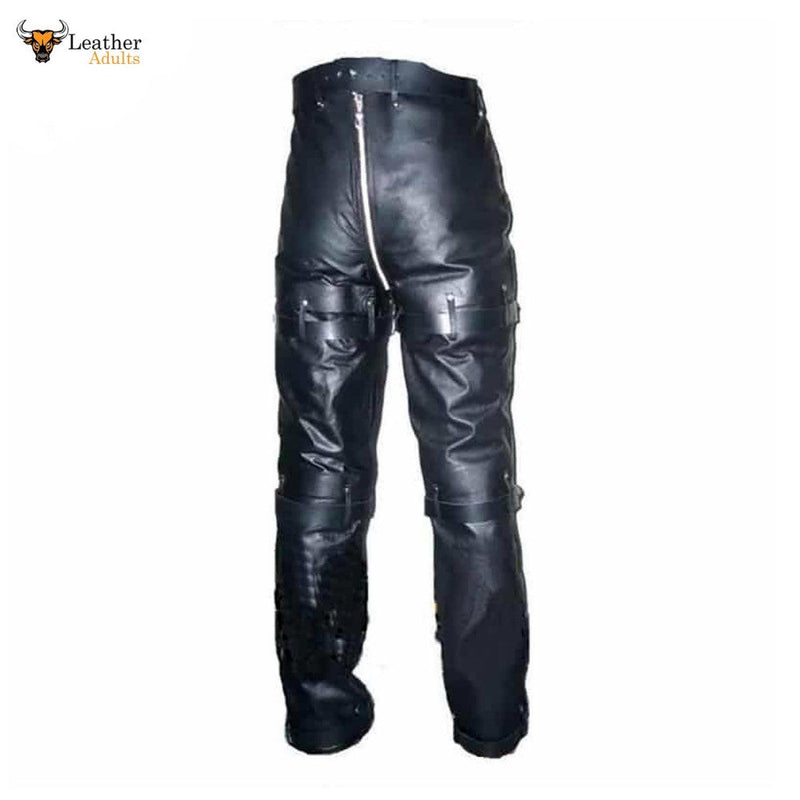 Mens Black Cowhide Leather Locking Bondage Chastity Jeans With Rear Zip CJ