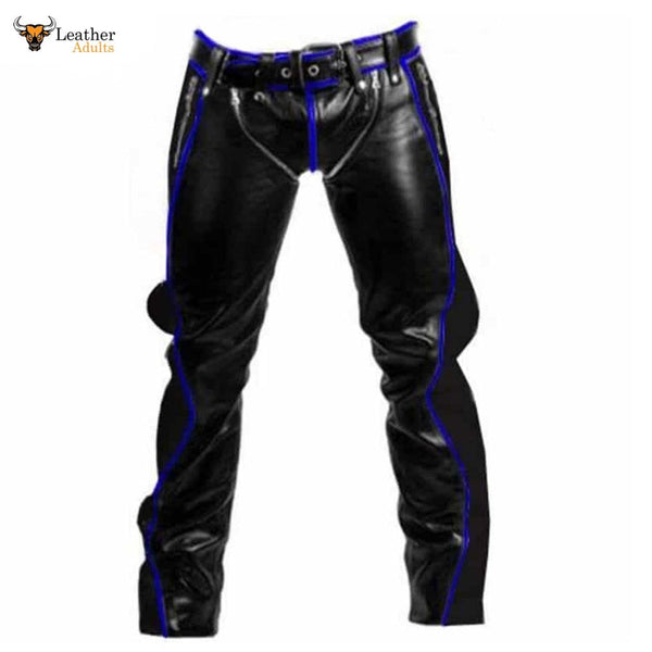 Mens Black Cowhide Leather Bondage Jeans With Blue Piping BLUF Leder Breeches