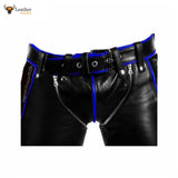 Mens Black Cowhide Leather Bondage Jeans With Blue Piping BLUF Leder Breeches