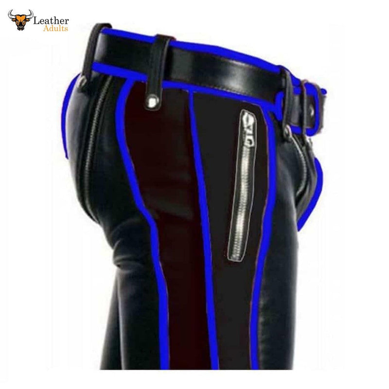 Mens Black Cowhide Leather Bondage Jeans With Blue Piping BLUF Leder Breeches