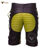 MENS REAL LEATHER BLACK AND Yellow SHORTS Clubwear or Bondage Genuine Cow Leather Shorts