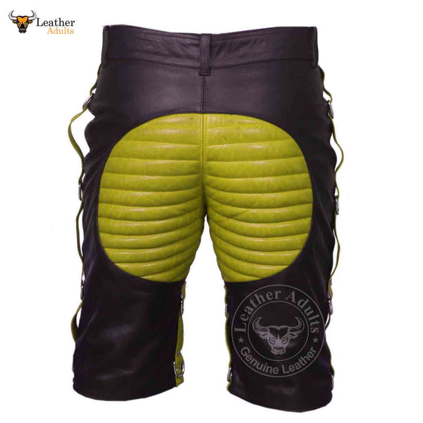 MENS REAL LEATHER BLACK AND Yellow SHORTS Clubwear or Bondage Genuine Cow Leather Shorts