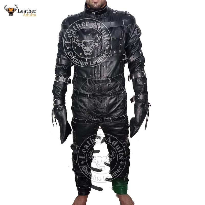 Mens Bondage Suit Black LEATHER Heavy Duty Restriction Catsuit with Hood LARP