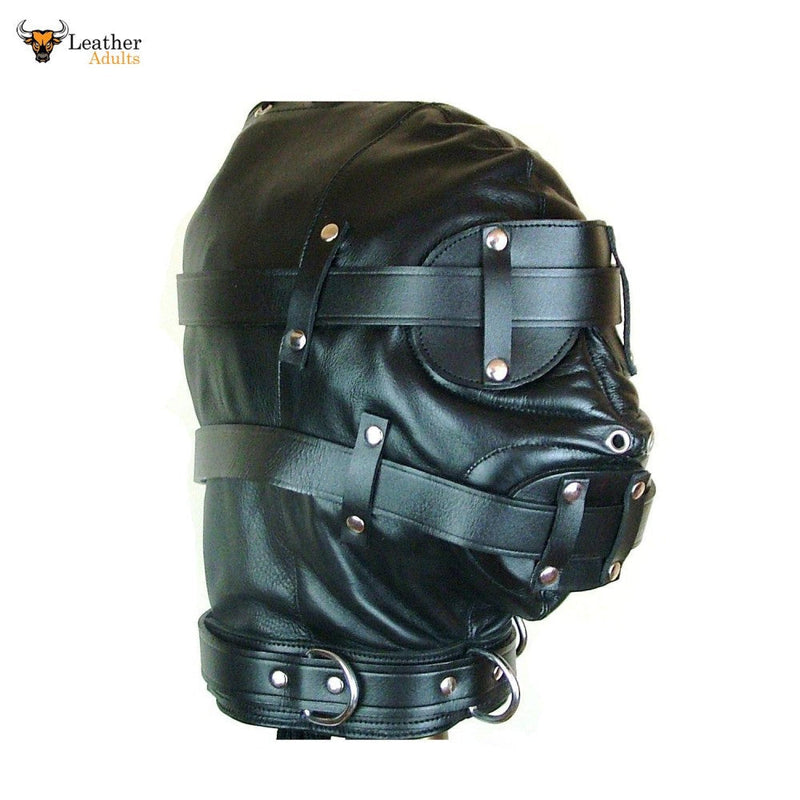 GENUINE 100% LEATHER BONDAGE HOOD / MASK with MOUTH GAG & BLINDFOLD Gimp mask