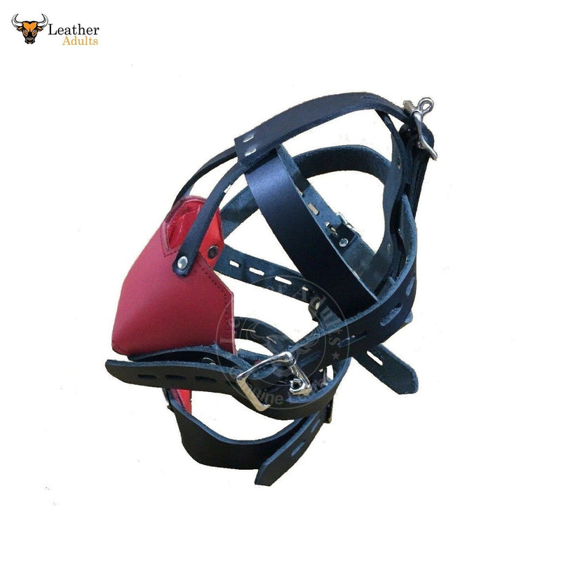 Genuine Black & Red Leather Bondage face muzzle head head harness BDSM