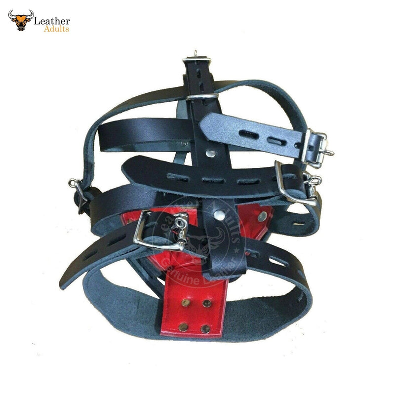 Genuine Black & Red Leather Bondage face muzzle head head harness BDSM