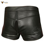 Mens Black Real Cowhide Leather Chastity Shorts Double Zips Shorts