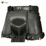 Mens Real Cowhide Leather Chastity Shorts Black Double Zips Shorts