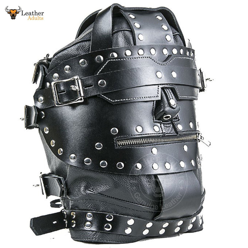 Genuine Black Leather Bondage BDSM Hood Gimp Mask with Blindfold And Locking Mouth Zip