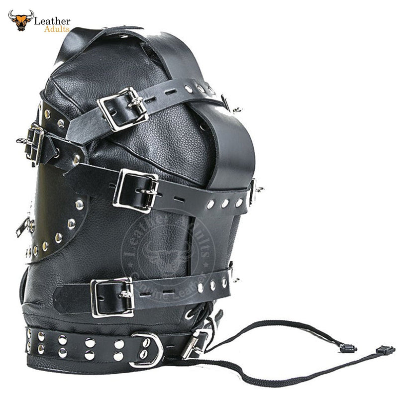 Genuine Black Leather Bondage BDSM Hood Gimp Mask with Blindfold And Locking Mouth Zip