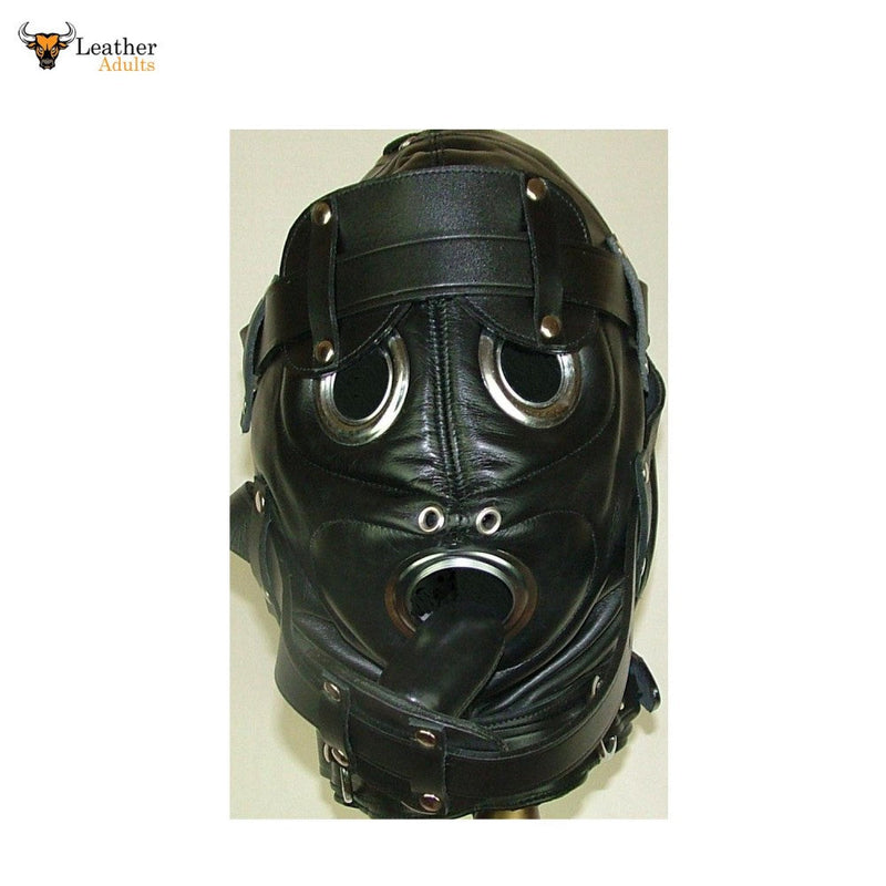 GENUINE 100% LEATHER BONDAGE HOOD / MASK with MOUTH GAG & BLINDFOLD Gimp mask