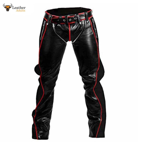 Mens Black Cowhide Leather Bondage Jeans With Red Piping BLUF Leder Breeches