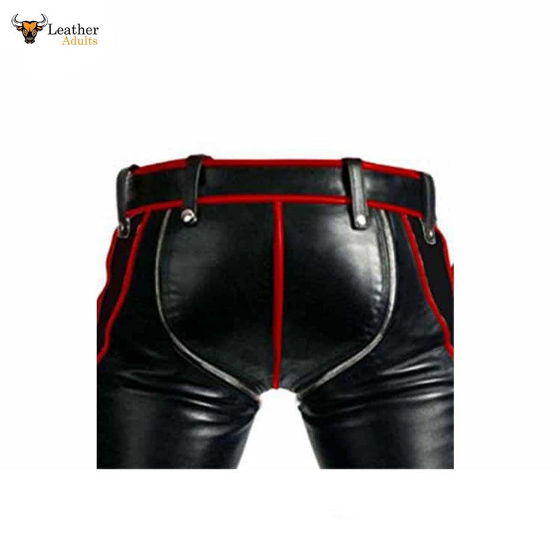 Mens Black Cowhide Leather Bondage Jeans With Red Piping BLUF Leder Breeches