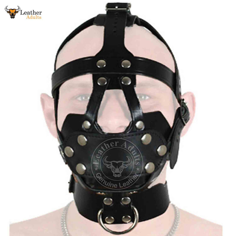 Leather Head Harness Bondage BDSM Hood Mask Black Cowhide Leather Unisex Head Harness