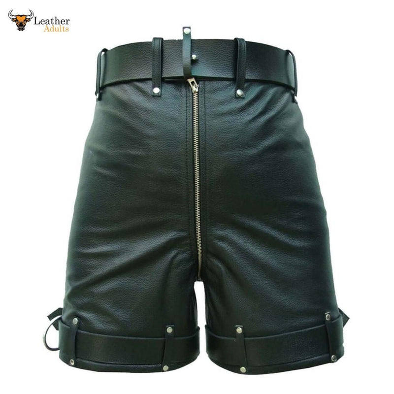 Men's Leather Bondage / Locking Chastity Shorts Genuine Cow Leather