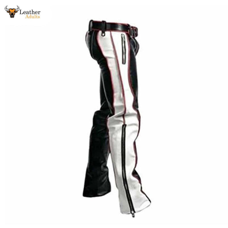 Mens Black Real Cowhide Leather Bondage Jeans Red and White Contrast BLUF Breeches