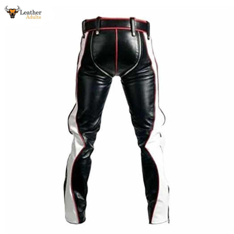 Mens Black Real Cowhide Leather Bondage Jeans Red and White Contrast BLUF Breeches