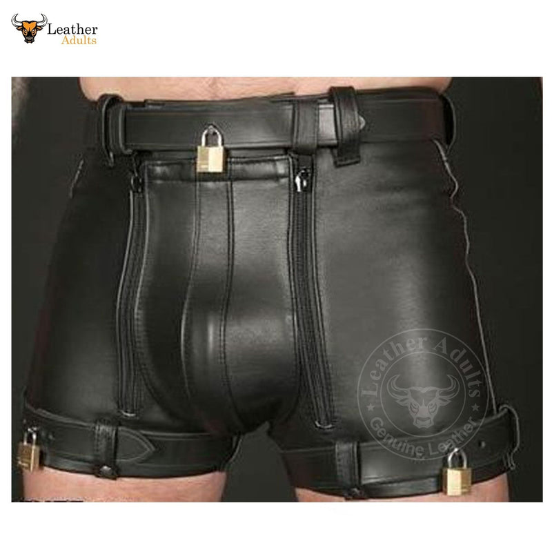 Mens Real Cowhide Leather Chastity Shorts Black Double Zips Shorts