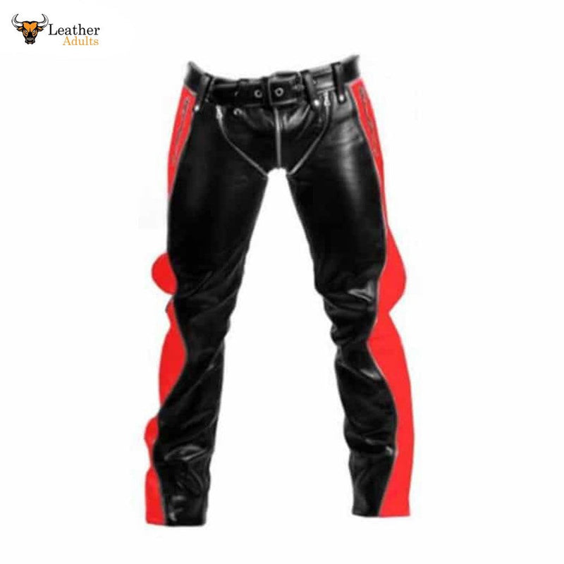 Mens Black Cowhide Leather Bondage Jeans With Red Contrast BLUF Breeches Trousers