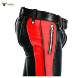 Mens Black Cowhide Leather Bondage Jeans With Red Contrast BLUF Breeches Trousers