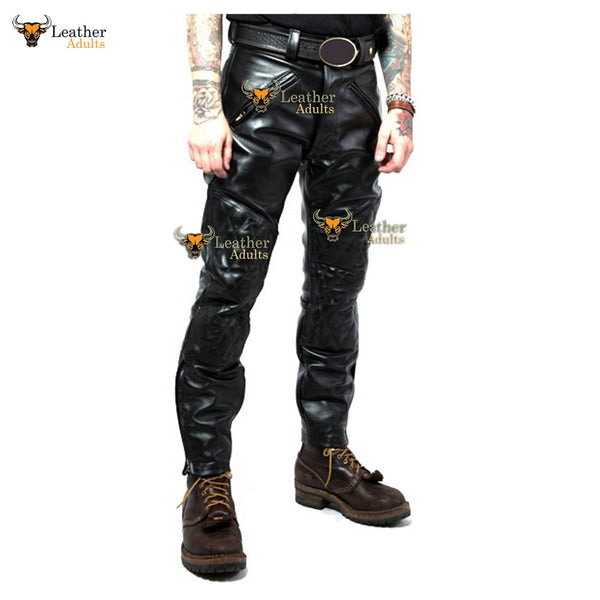 Men's Black Cowhide Leather Quilted Panels Breeches Trousers Pants