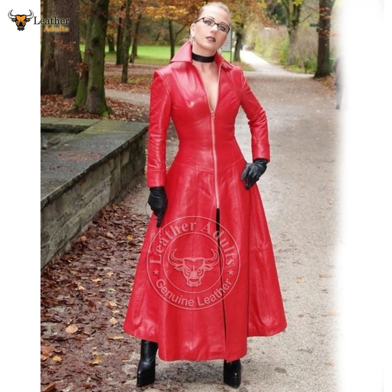 Womens Ladies Pure Lambskin Nappa Leather Long Red Leather Dress