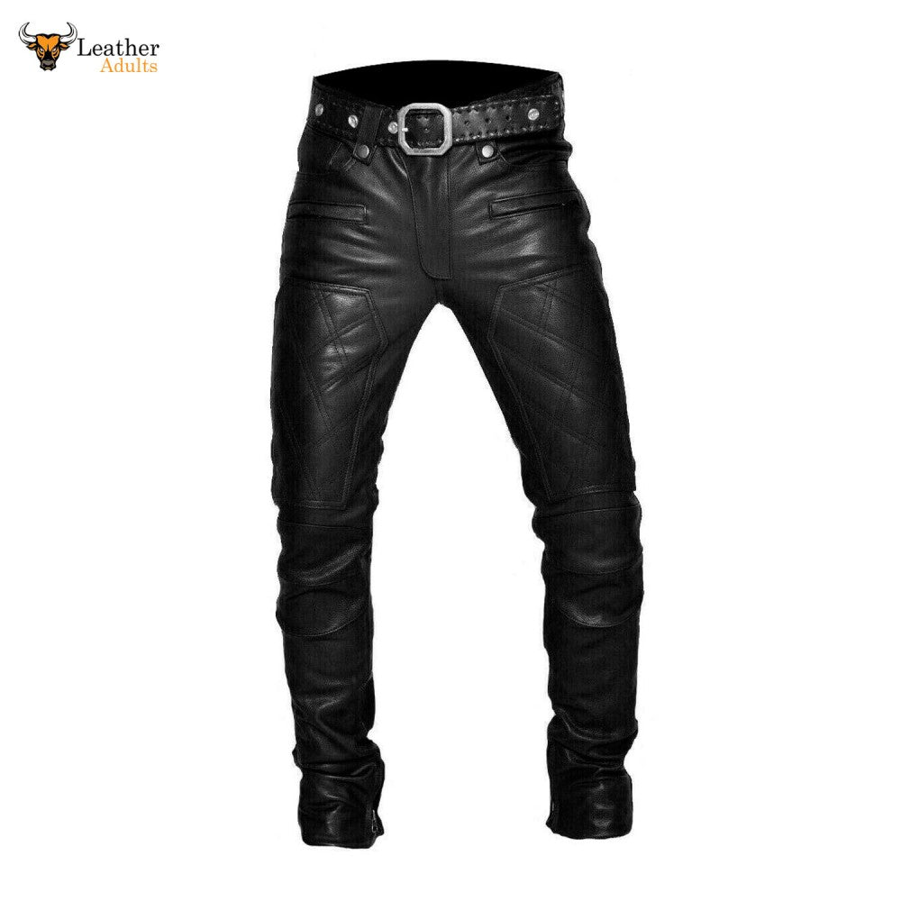 Mens Real Leather Bikers Pants Quilted Panels Slim Fit Bikers Leather ...